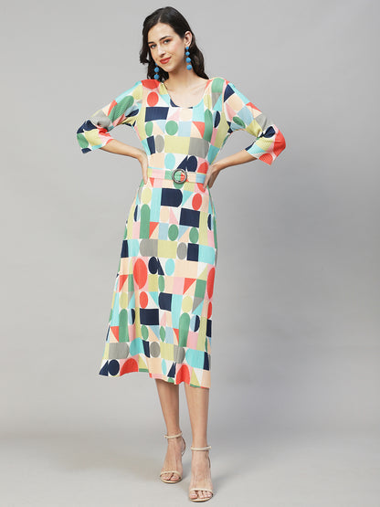 Geometric Abstract Printed A-Line Midi Dress - Multi