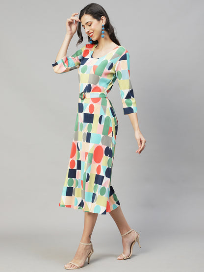 Geometric Abstract Printed A-Line Midi Dress - Multi