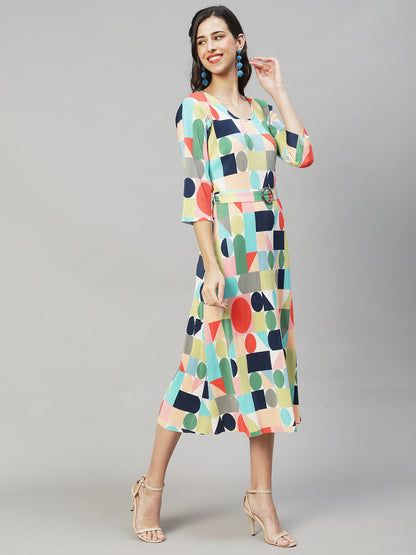 Geometric Abstract Printed A-Line Midi Dress - Multi