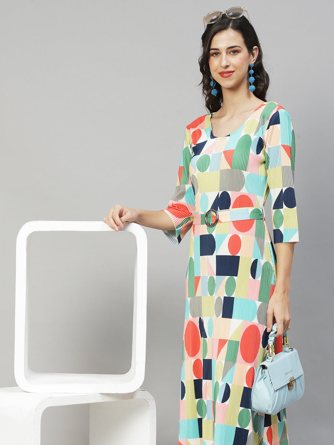 Geometric Abstract Printed A-Line Midi Dress - Multi