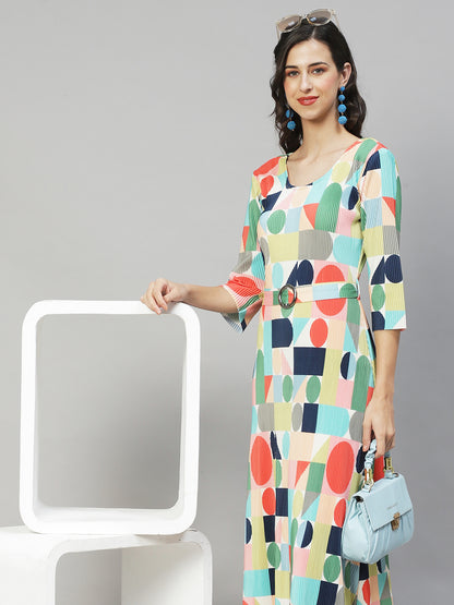 Geometric Abstract Printed A-Line Midi Dress - Multi