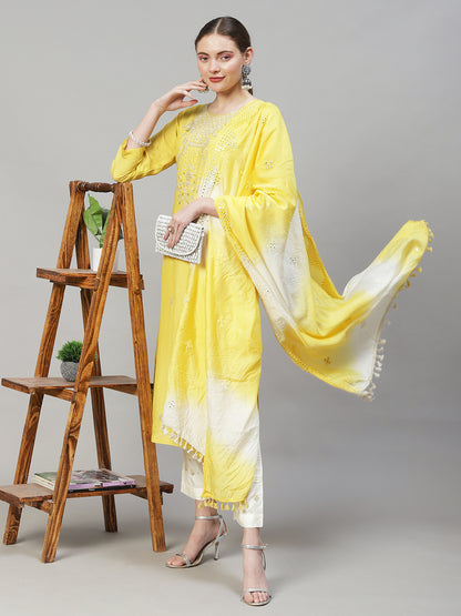 Ethnic Hand Embroidered Straight Kurta with Pants & Dupatta - Yellow