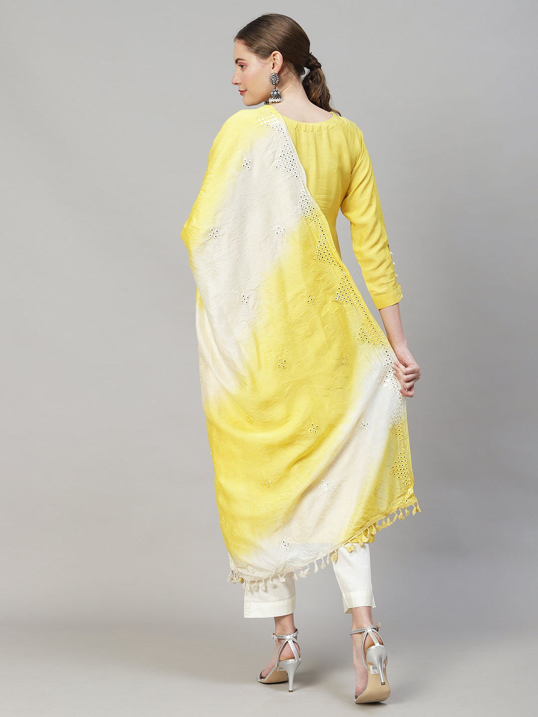 Ethnic Hand Embroidered Straight Kurta with Pants & Dupatta - Yellow