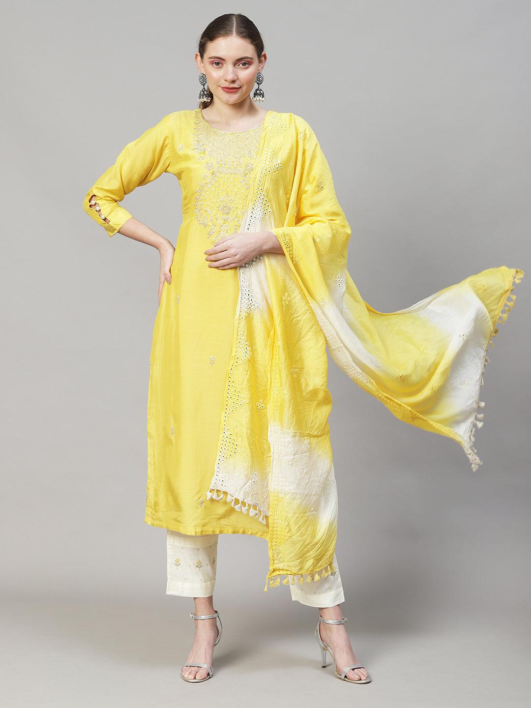 Ethnic Hand Embroidered Straight Kurta with Pants & Dupatta - Yellow