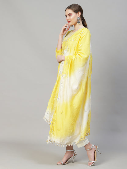 Ethnic Hand Embroidered Straight Kurta with Pants & Dupatta - Yellow