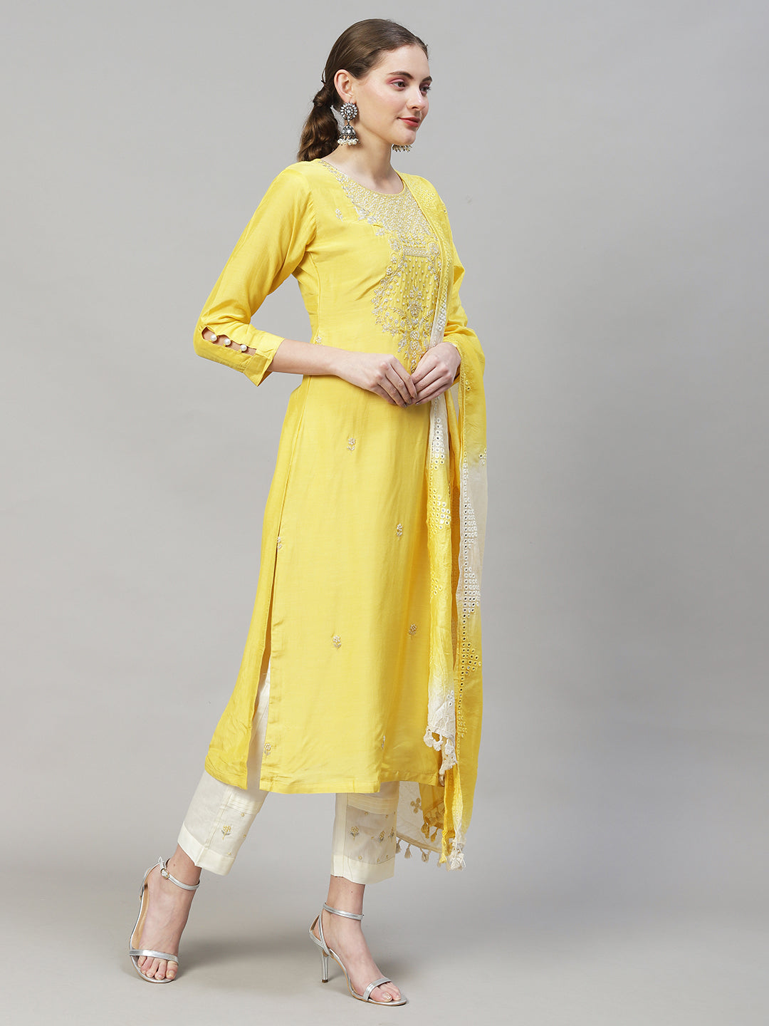 Ethnic Hand Embroidered Straight Kurta with Pants & Dupatta - Yellow