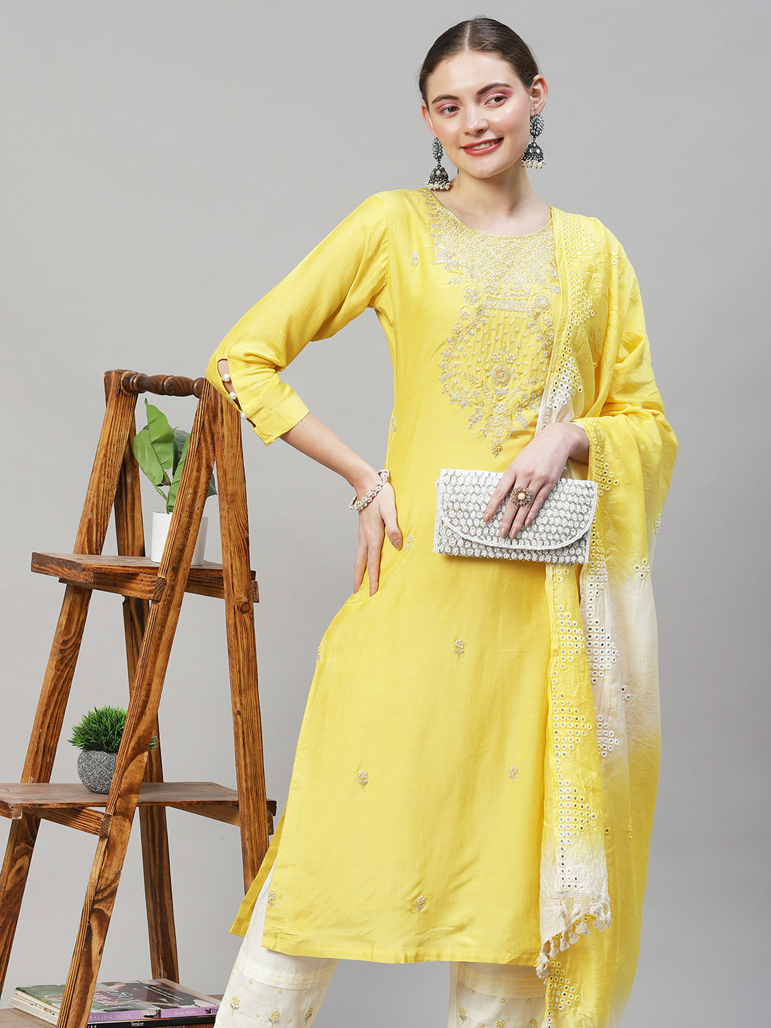 Ethnic Hand Embroidered Straight Kurta with Pants & Dupatta - Yellow