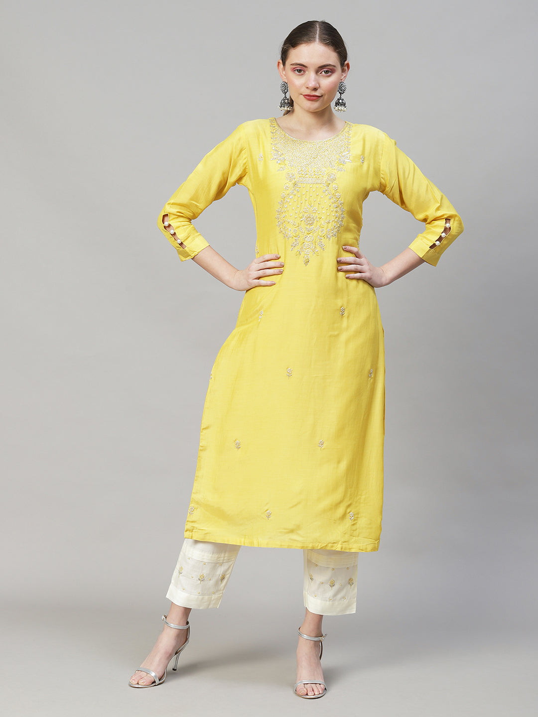 Ethnic Hand Embroidered Straight Kurta with Pants & Dupatta - Yellow