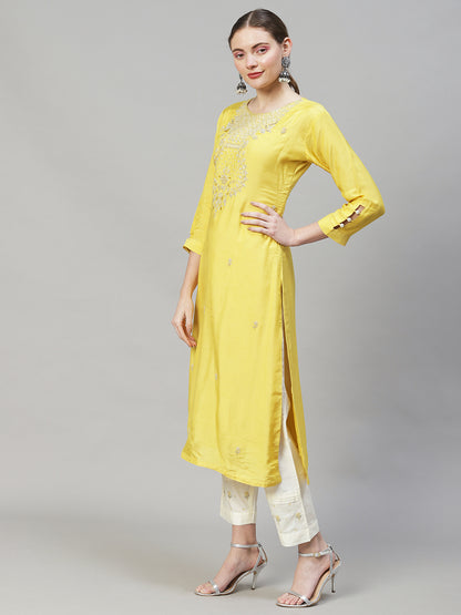 Ethnic Hand Embroidered Straight Kurta with Pants & Dupatta - Yellow