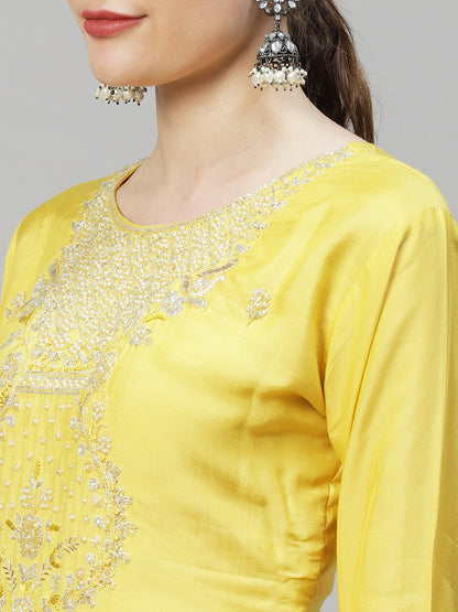 Ethnic Hand Embroidered Straight Kurta with Pants & Dupatta - Yellow