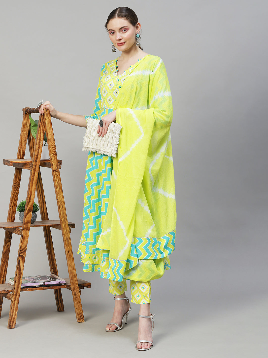 Ethnic Printed & Embroidered Flared Kurta with Pants & Dupatta - Multi