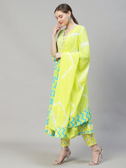 Ethnic Printed & Embroidered Flared Kurta with Pants & Dupatta - Multi