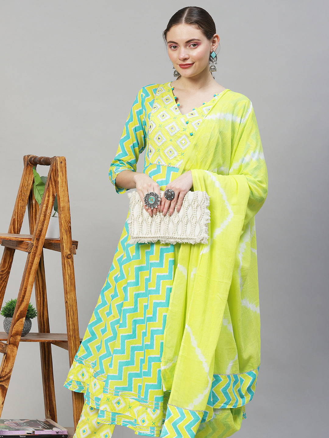 Ethnic Printed & Embroidered Flared Kurta with Pants & Dupatta - Multi