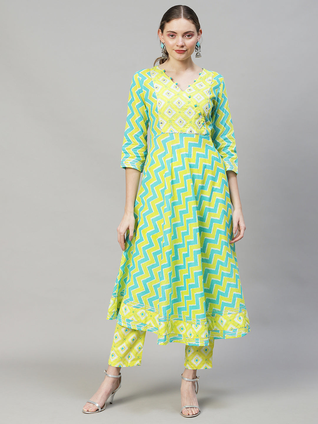 Ethnic Printed & Embroidered Flared Kurta with Pants & Dupatta - Multi