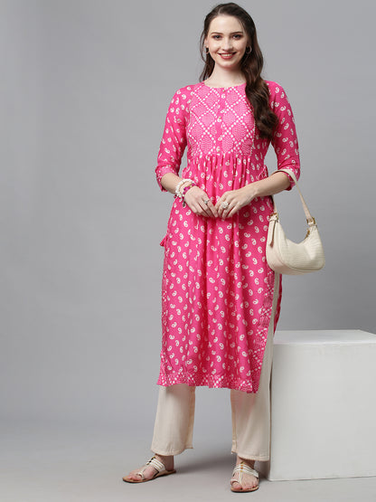 Ethnic Printed A-Line Flare Kurta – Pink