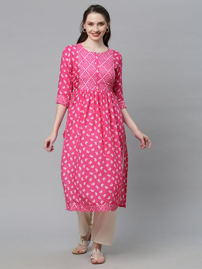 Ethnic Printed A-Line Flare Kurta – Pink