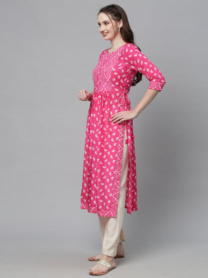 Ethnic Printed A-Line Flare Kurta – Pink
