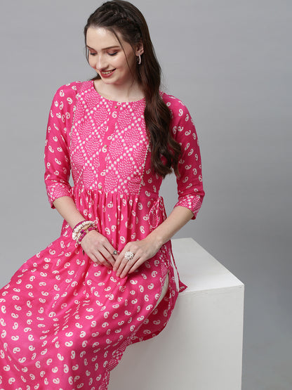 Ethnic Printed A-Line Flare Kurta – Pink