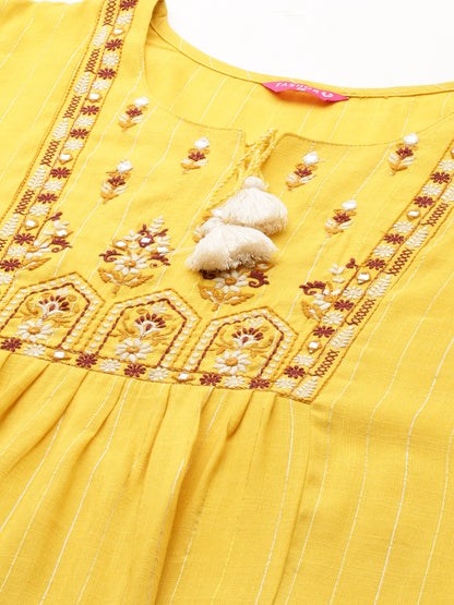 Ethnic Embroidered Straight Fit Kurta with Pants - Yellow