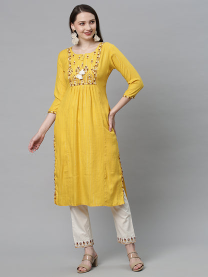 Ethnic Embroidered Straight Fit Kurta with Pants - Yellow