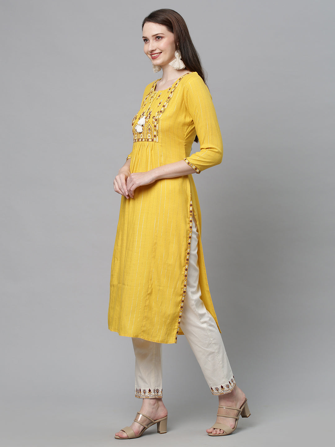Ethnic Embroidered Straight Fit Kurta with Pants - Yellow