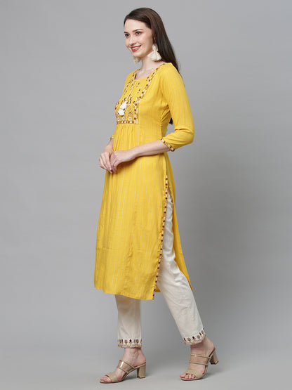 Ethnic Embroidered Straight Fit Kurta with Pants - Yellow