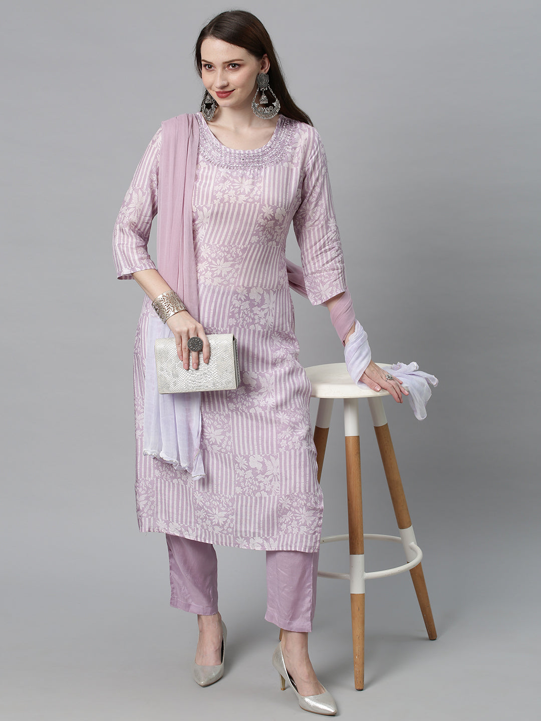 Ethnic Printed & Embroidered Kurta with Pants & Dupatta - Lilac Purple