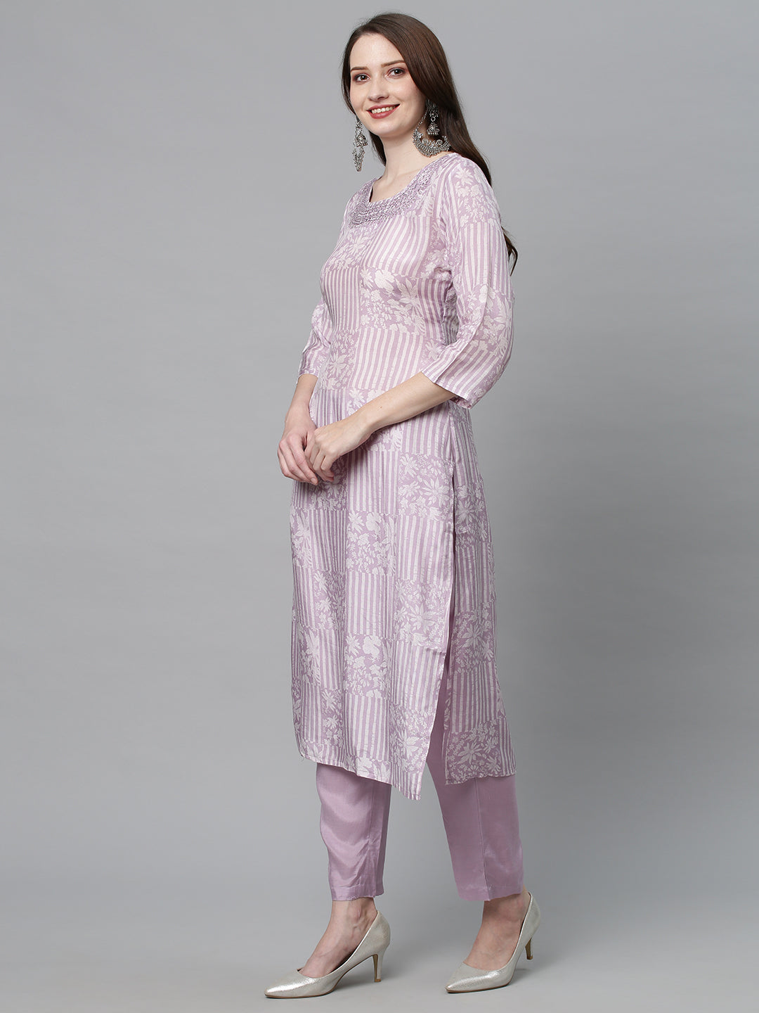 Ethnic Printed & Embroidered Kurta with Pants & Dupatta - Lilac Purple