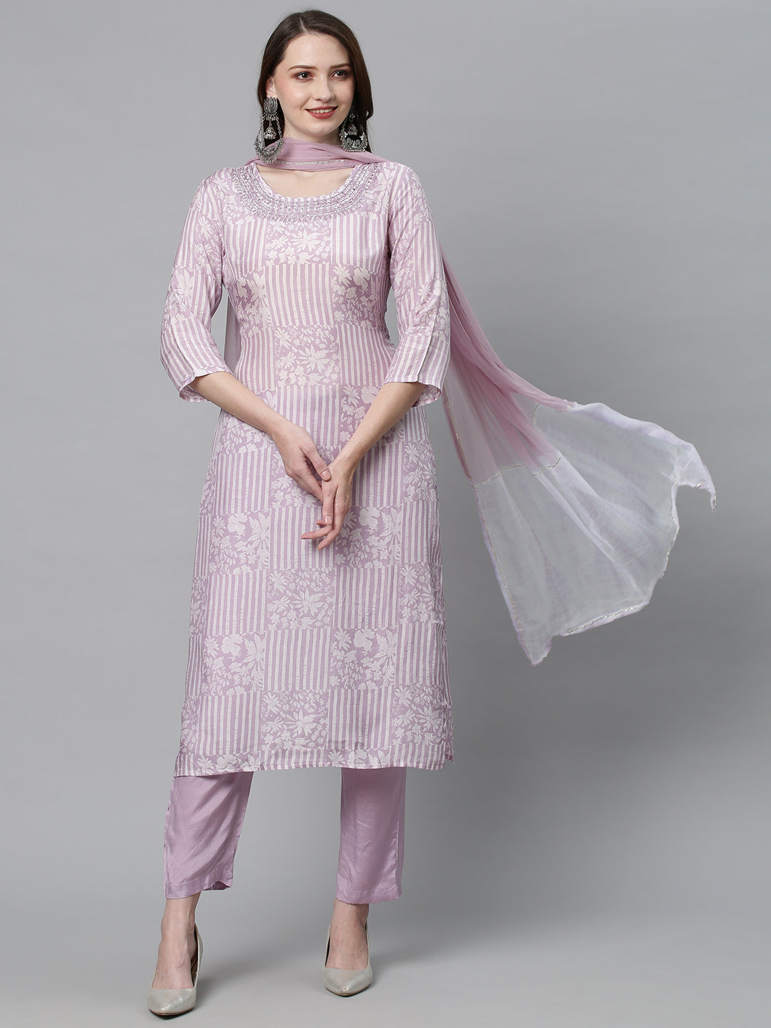 Ethnic Printed & Embroidered Kurta with Pants & Dupatta - Lilac Purple