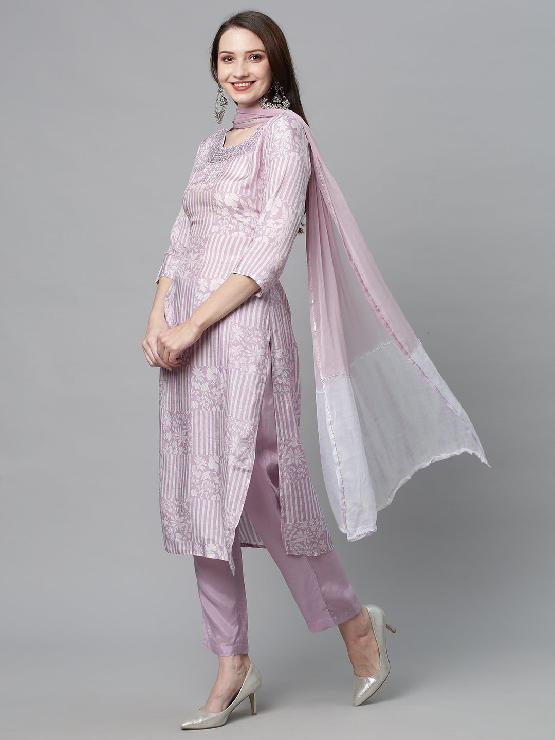 Ethnic Printed & Embroidered Kurta with Pants & Dupatta - Lilac Purple