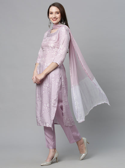 Ethnic Printed & Embroidered Kurta with Pants & Dupatta - Lilac Purple