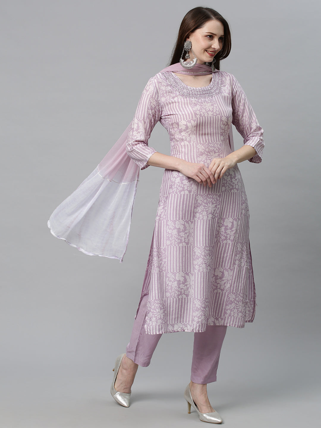 Ethnic Printed & Embroidered Kurta with Pants & Dupatta - Lilac Purple