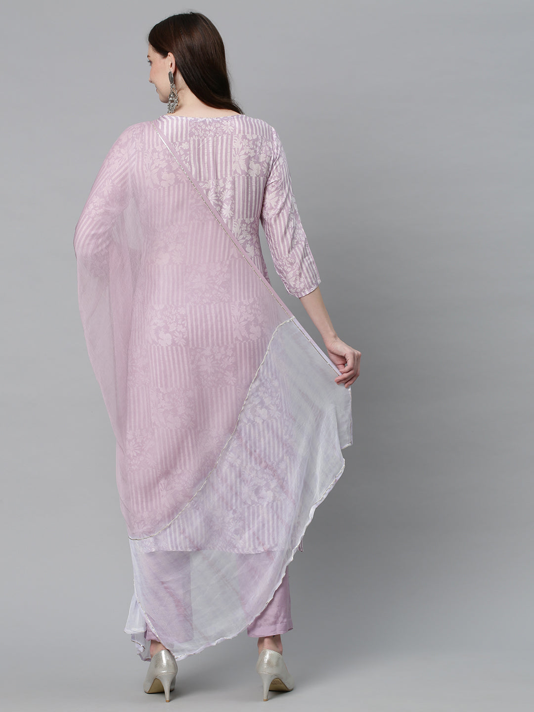 Ethnic Printed & Embroidered Kurta with Pants & Dupatta - Lilac Purple