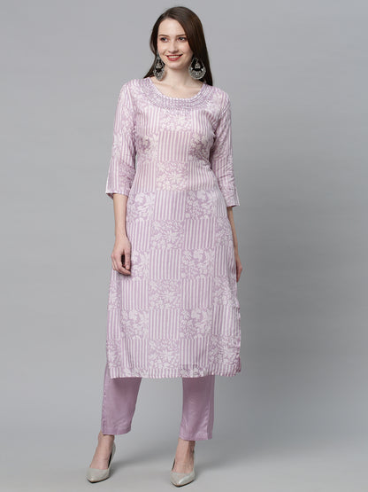 Ethnic Printed & Embroidered Kurta with Pants & Dupatta - Lilac Purple