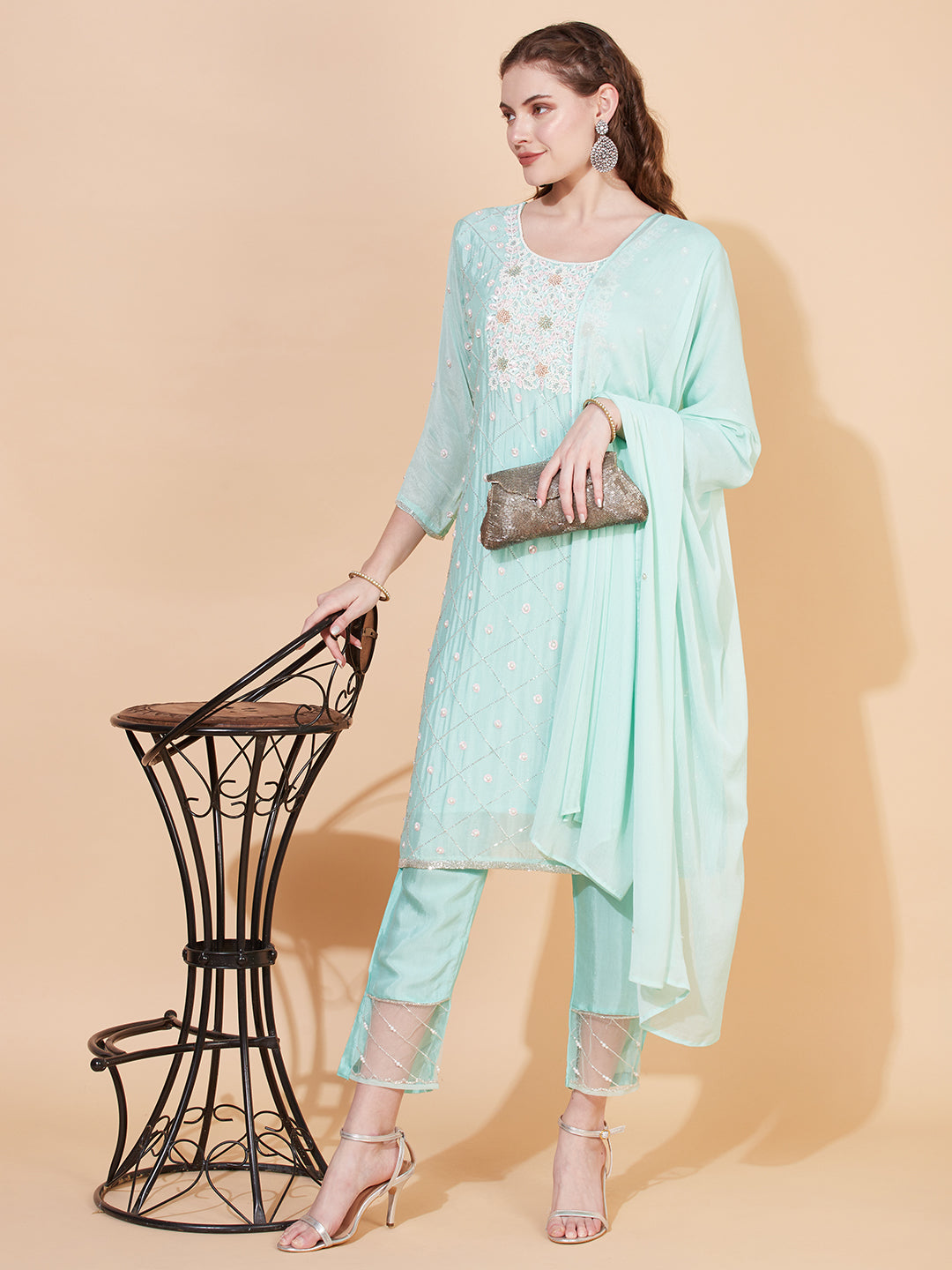 Ethnic Hand Embroidered Straight Kurta with Pants & Dupatta - Mint Green