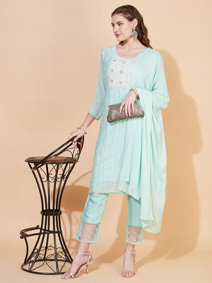 Ethnic Hand Embroidered Straight Kurta with Pants & Dupatta - Mint Green