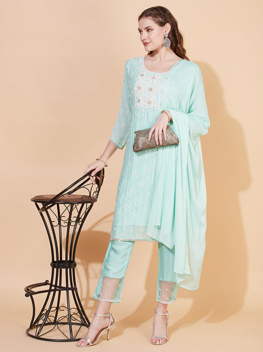Ethnic Hand Embroidered Straight Kurta with Pants & Dupatta - Mint Green
