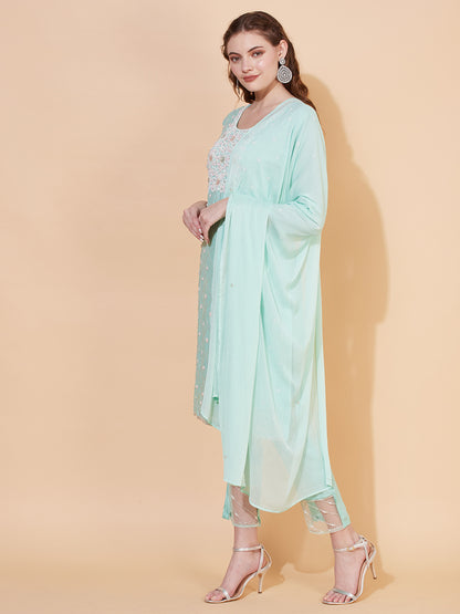 Ethnic Hand Embroidered Straight Kurta with Pants & Dupatta - Mint Green