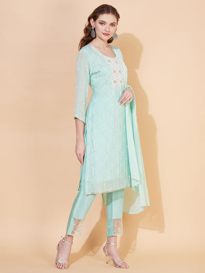 Ethnic Hand Embroidered Straight Kurta with Pants & Dupatta - Mint Green