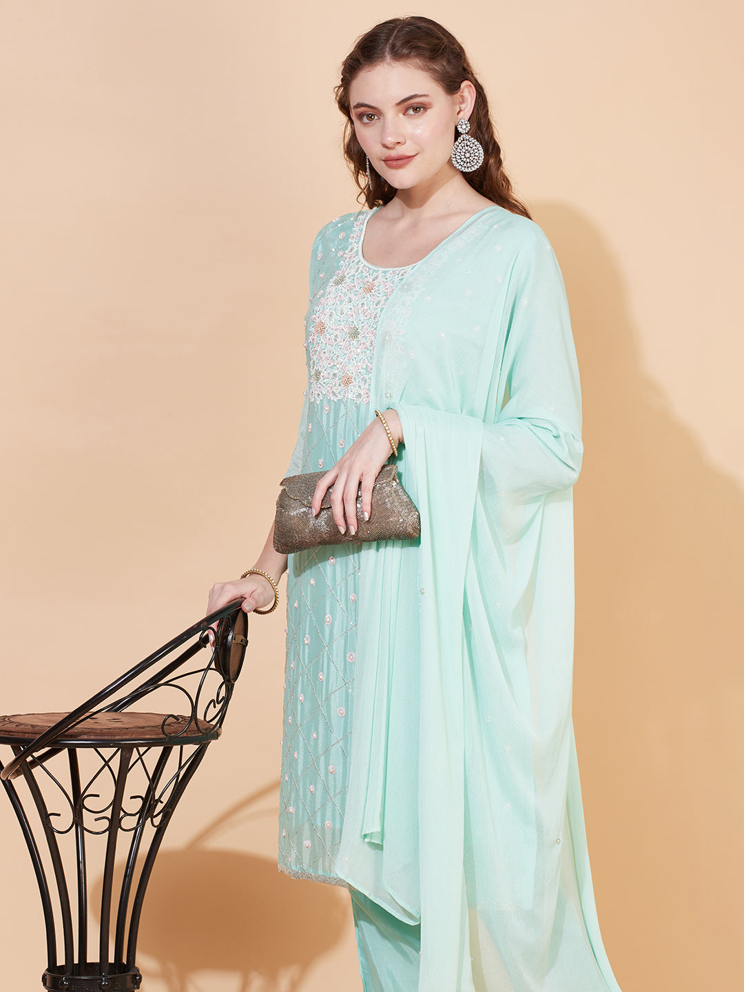 Ethnic Hand Embroidered Straight Kurta with Pants & Dupatta - Mint Green