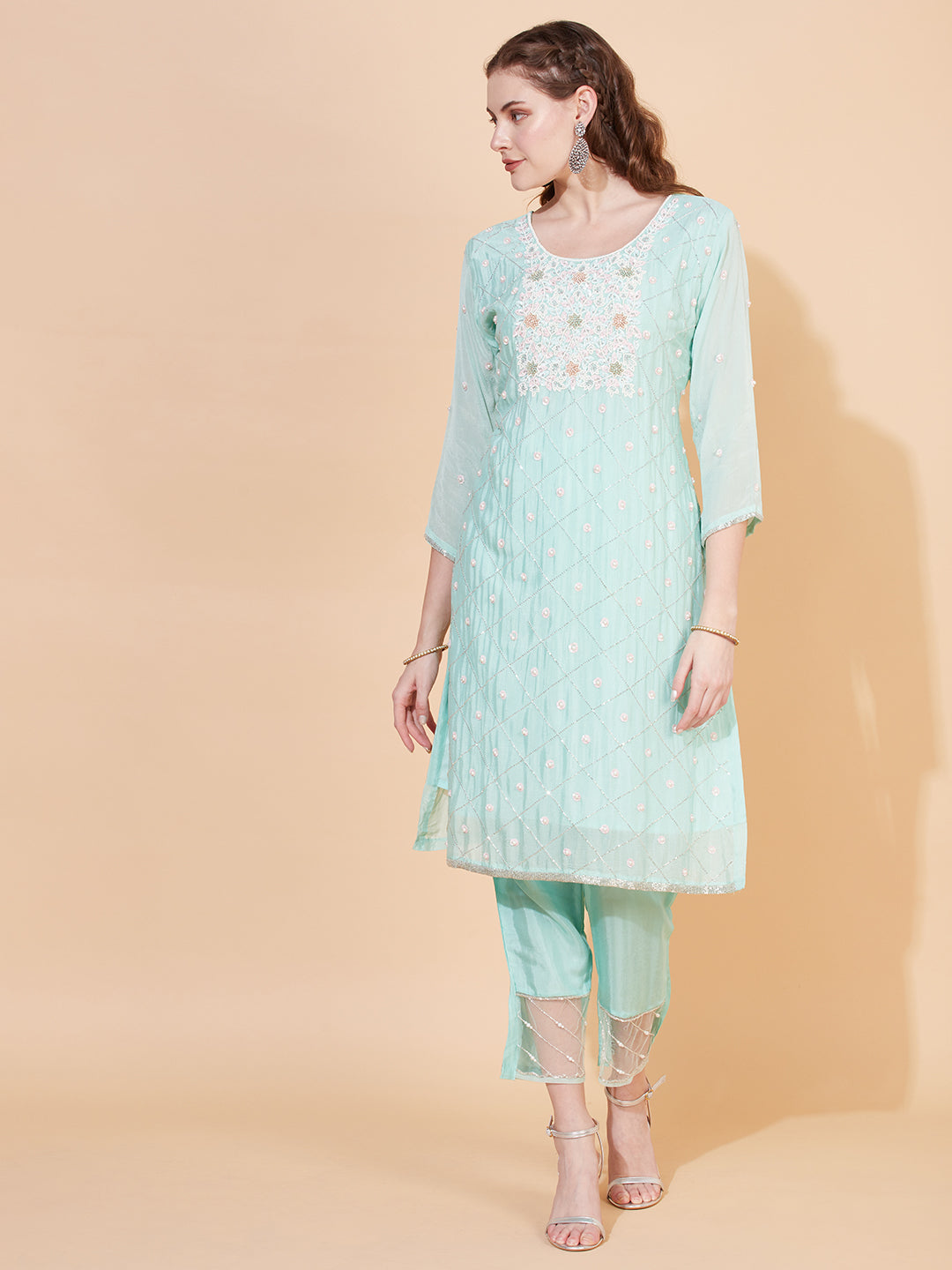 Ethnic Hand Embroidered Straight Kurta with Pants & Dupatta - Mint Green