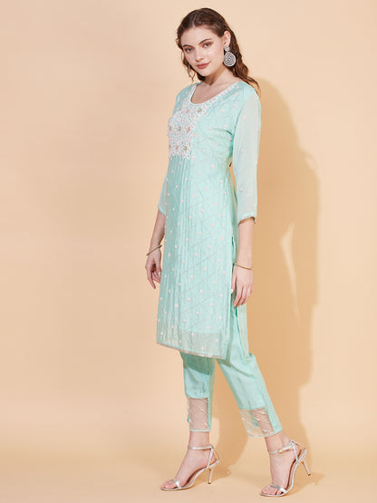 Ethnic Hand Embroidered Straight Kurta with Pants & Dupatta - Mint Green