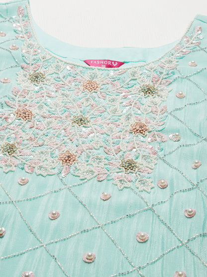 Ethnic Hand Embroidered Straight Kurta with Pants & Dupatta - Mint Green