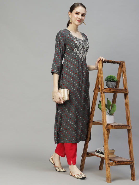 Bandhani Printed & Embroidered Straight Fit Kurta – Grey