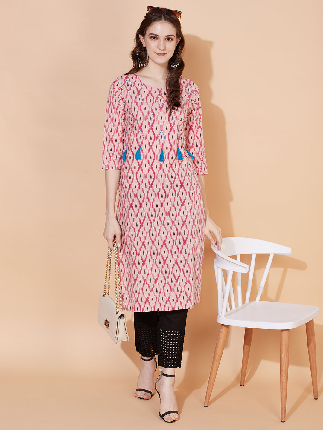 Ethnic Printed & Hand Embroidered Straight Fit Kurta - Pastel Pink