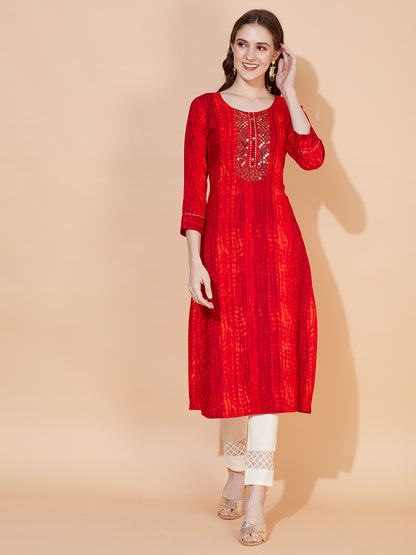 Tie-Dye Printed & Embroidered Straight Fit Kurta – Multi