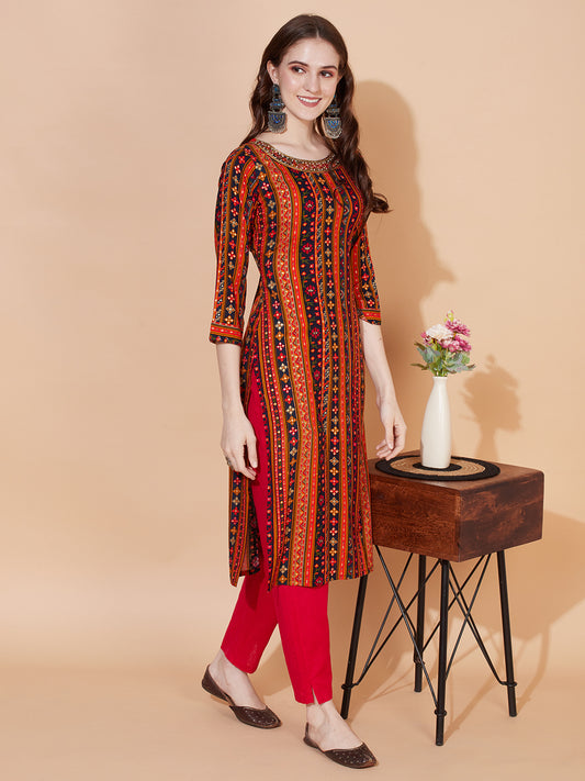 Ethnic Printed & Hand Embroidered Straight Fit Kurta – Multi