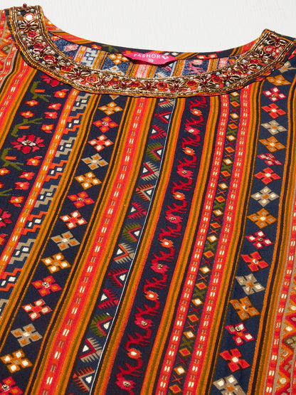 Ethnic Printed & Hand Embroidered Straight Fit Kurta – Multi