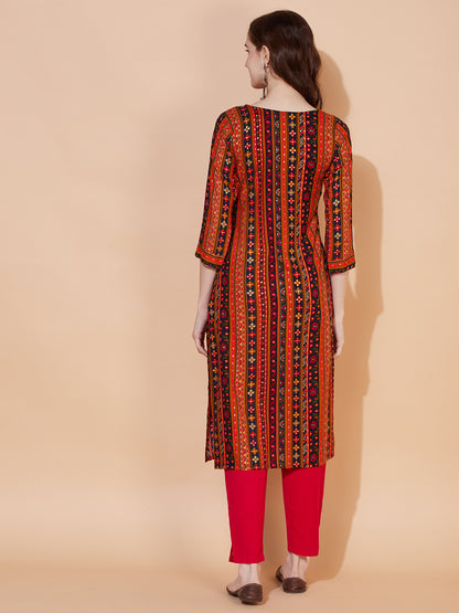 Ethnic Printed & Hand Embroidered Straight Fit Kurta – Multi