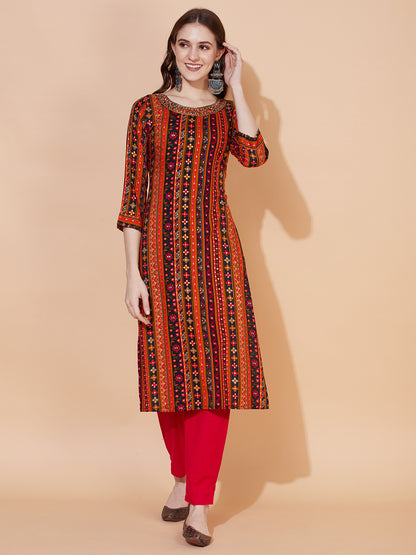 Ethnic Printed & Hand Embroidered Straight Fit Kurta – Multi